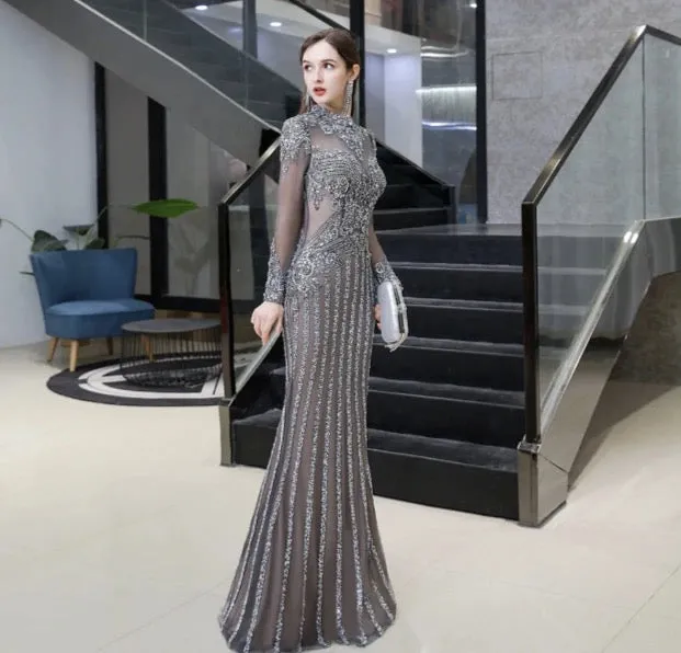 Luxury Muslim Elegant Long Sleeve Beaded Prom Dress with Detachable Train Mermaid Evening Gowns Dresses For Woman AW70199