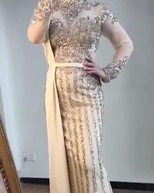 Luxury Muslim Elegant Long Sleeve Beaded Prom Dress with Detachable Train Mermaid Evening Gowns Dresses For Woman AW70199