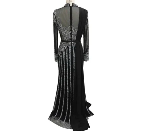 Luxury Muslim Elegant Long Sleeve Beaded Prom Dress with Detachable Train Mermaid Evening Gowns Dresses For Woman AW70199