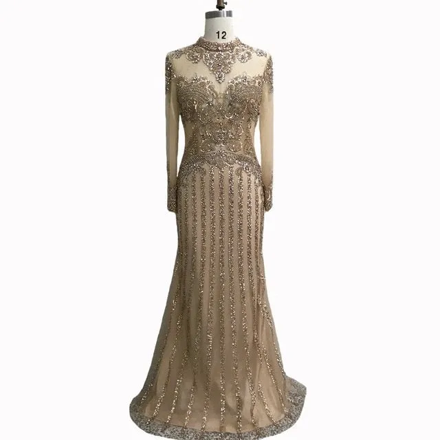 Luxury Muslim Elegant Long Sleeve Beaded Prom Dress with Detachable Train Mermaid Evening Gowns Dresses For Woman AW70199