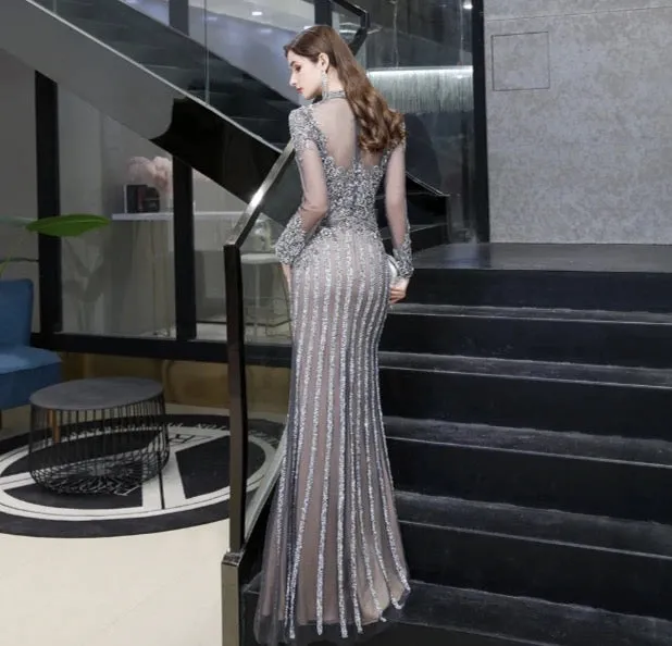Luxury Muslim Elegant Long Sleeve Beaded Prom Dress with Detachable Train Mermaid Evening Gowns Dresses For Woman AW70199