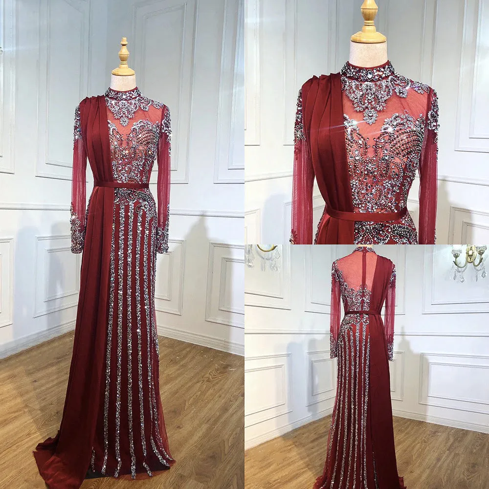 Luxury Muslim Elegant Long Sleeve Beaded Prom Dress with Detachable Train Mermaid Evening Gowns Dresses For Woman AW70199