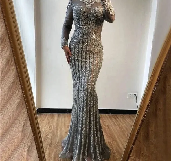 Luxury Muslim Elegant Long Sleeve Beaded Prom Dress with Detachable Train Mermaid Evening Gowns Dresses For Woman AW70199
