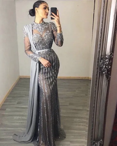 Luxury Muslim Elegant Long Sleeve Beaded Prom Dress with Detachable Train Mermaid Evening Gowns Dresses For Woman AW70199