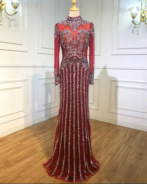Luxury Muslim Elegant Long Sleeve Beaded Prom Dress with Detachable Train Mermaid Evening Gowns Dresses For Woman AW70199
