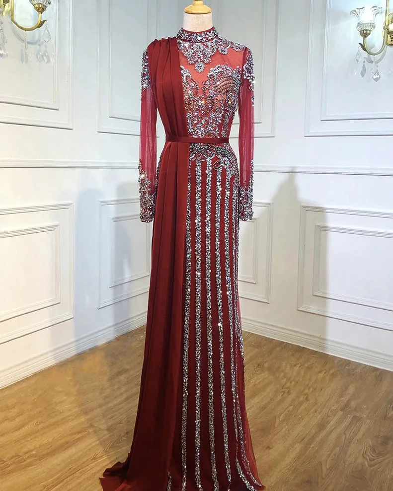 Luxury Muslim Elegant Long Sleeve Beaded Prom Dress with Detachable Train Mermaid Evening Gowns Dresses For Woman AW70199