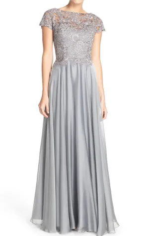 MACloth Cap Sleeves Lace Chiffon Long Evening Gown Silver Mother of the Brides Dress