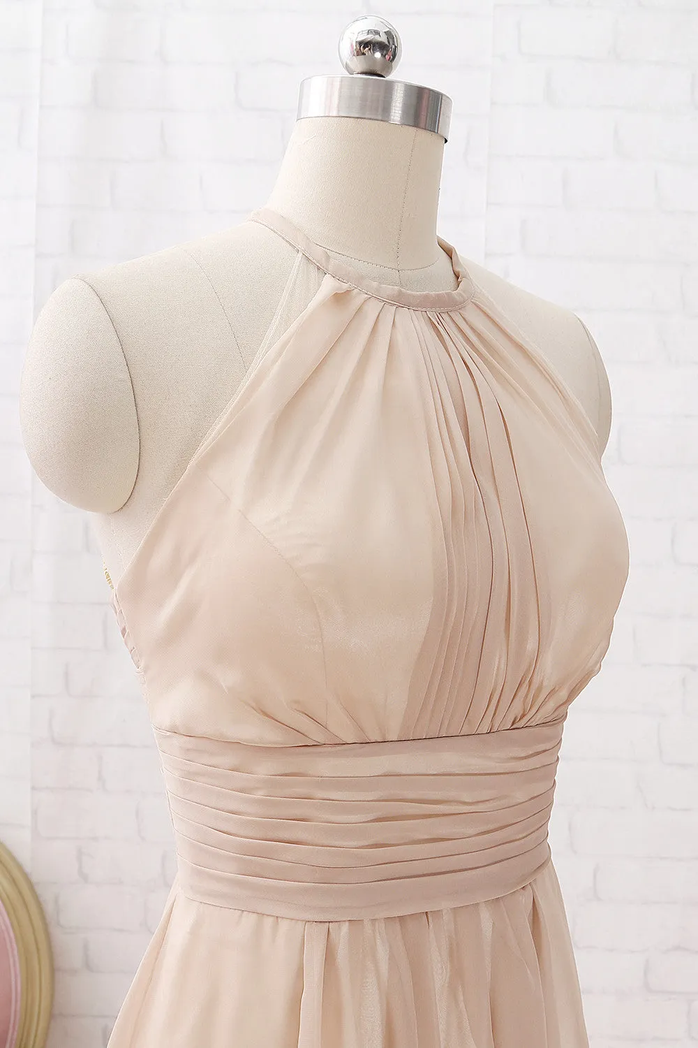 MACloth Halter Chiffon Long Bridesmaid Dress Champagne Wedding Party Dress