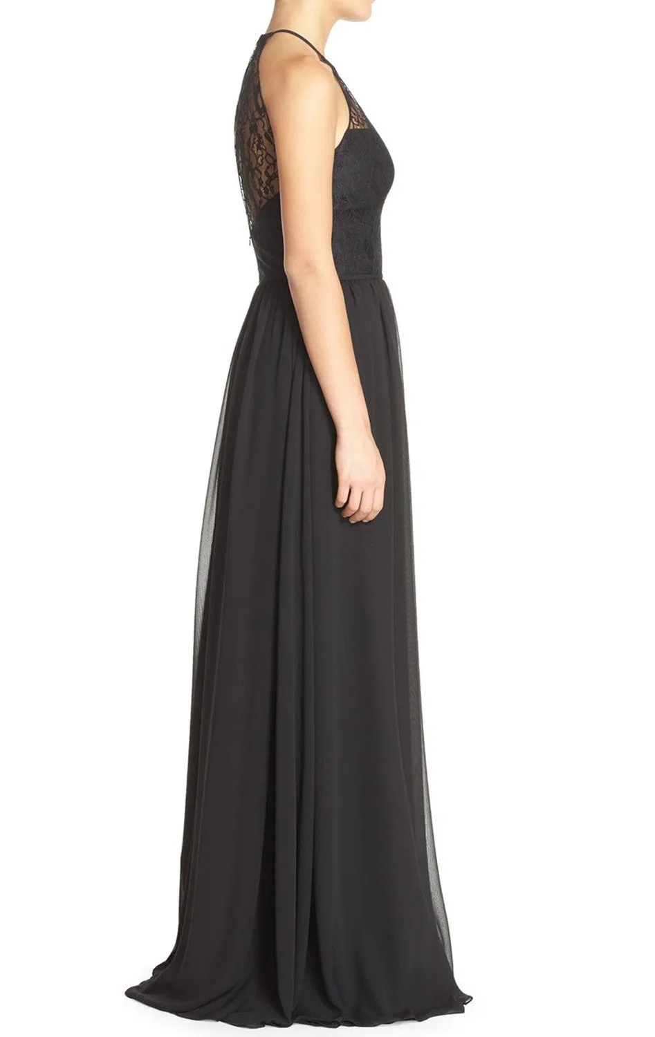 MACloth Halter Lace Chiffon Long Black Bridesmaid Dress Simple Prom Dress