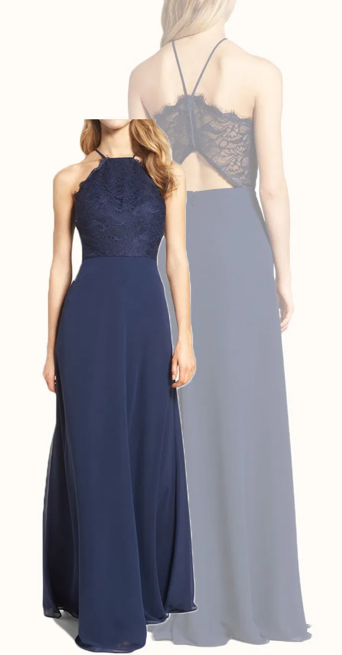 MACloth Halter Lace Chiffon Long Bridesmaid Dress Dark Navy Formal Gown