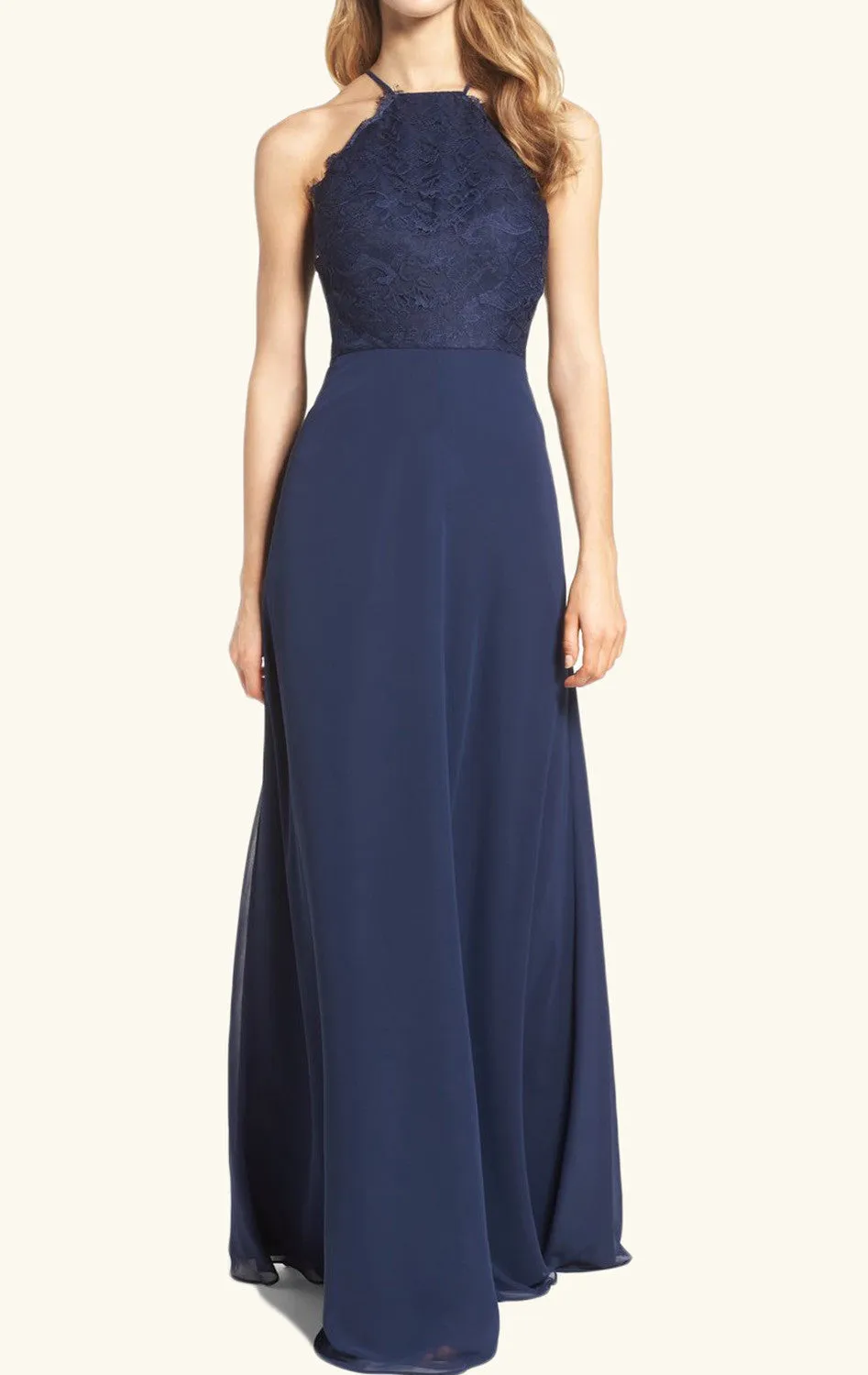 MACloth Halter Lace Chiffon Long Bridesmaid Dress Dark Navy Formal Gown