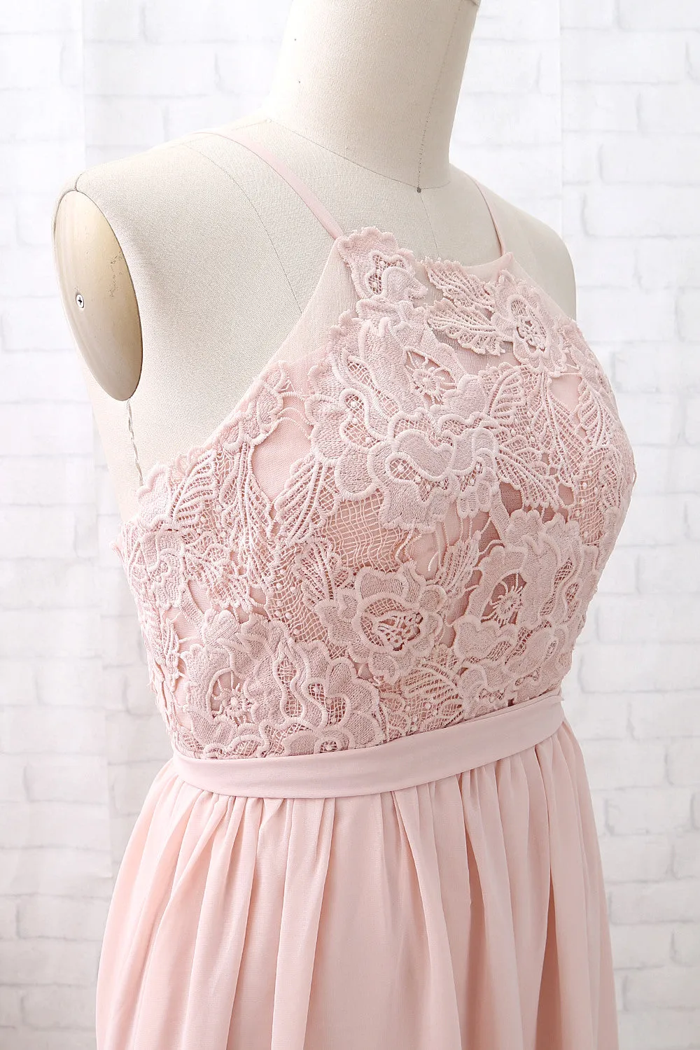 MACloth Halter Lace Chiffon Long Dusty Pink Bridesmaid Dress Simple Formal Evening Gown