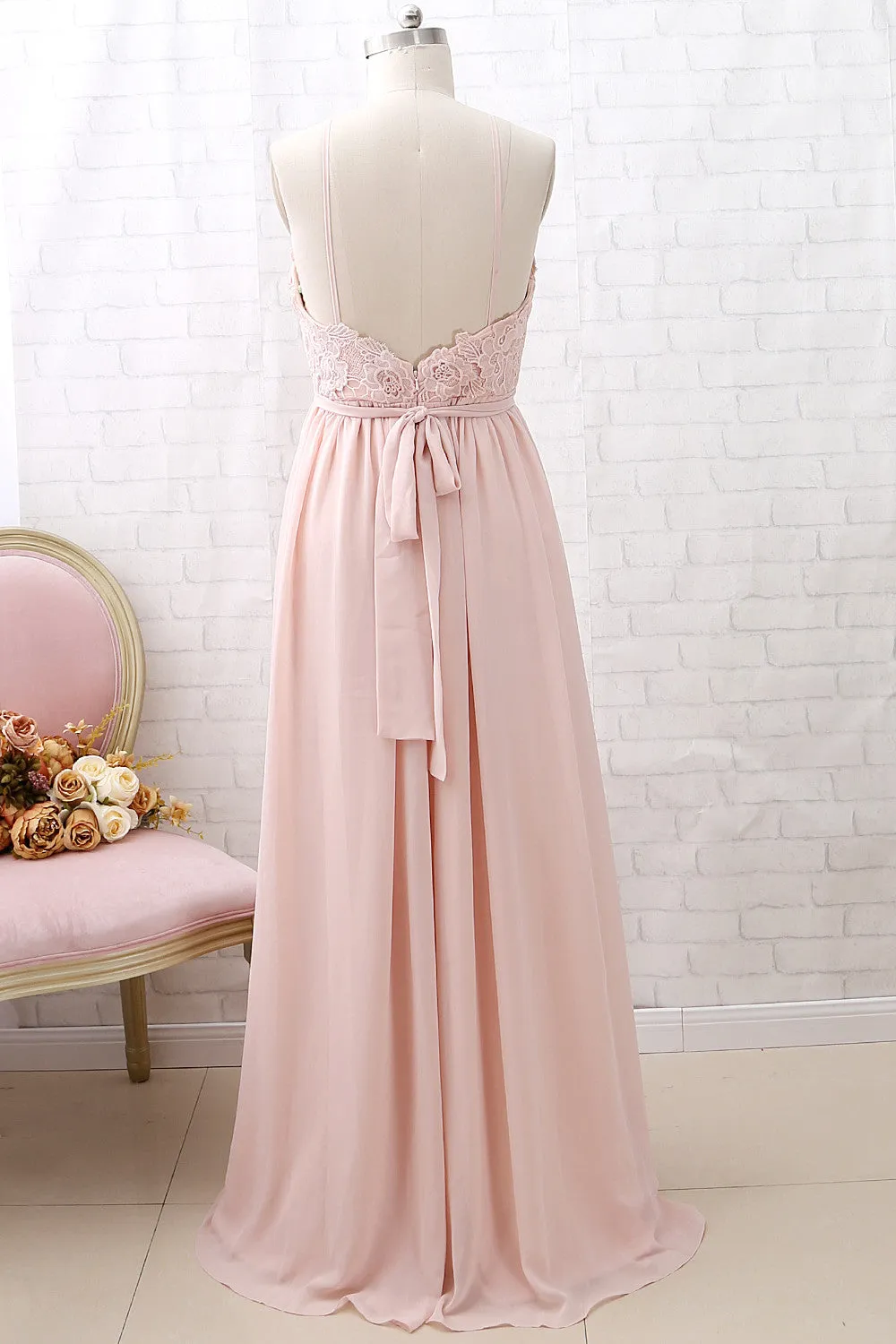 MACloth Halter Lace Chiffon Long Dusty Pink Bridesmaid Dress Simple Formal Evening Gown