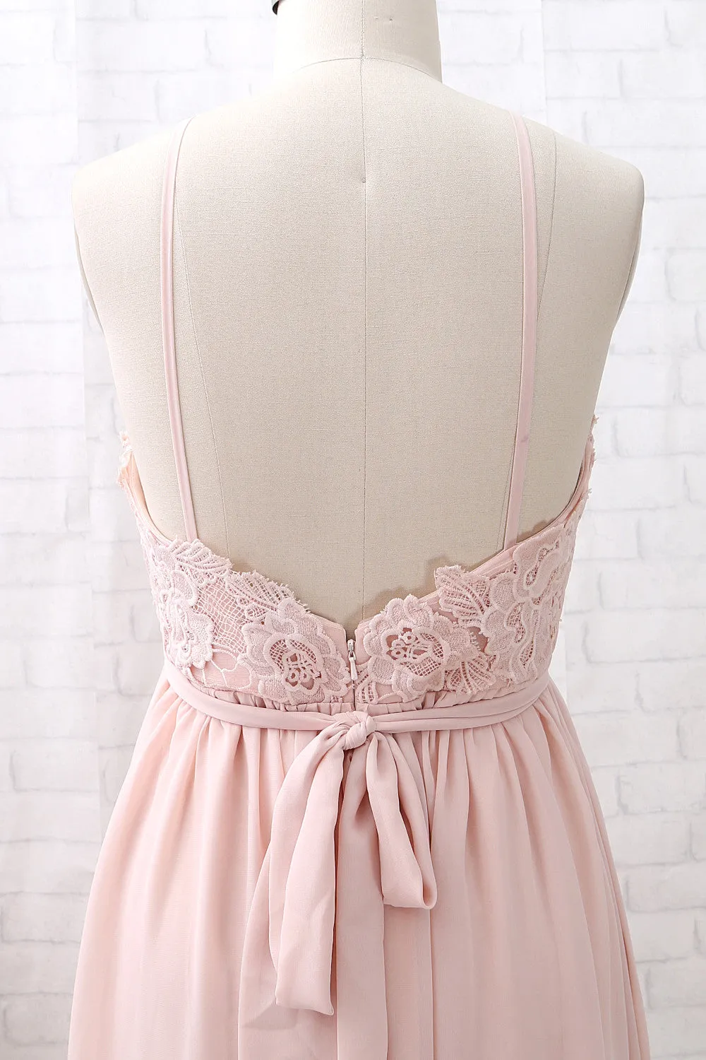 MACloth Halter Lace Chiffon Long Dusty Pink Bridesmaid Dress Simple Formal Evening Gown