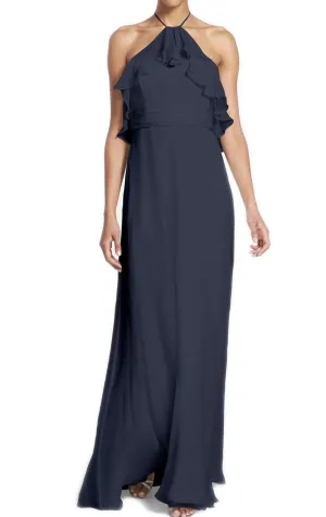 MACloth Halter Long Chiffon Gray Bridesmaid Dress Simple Prom Gown