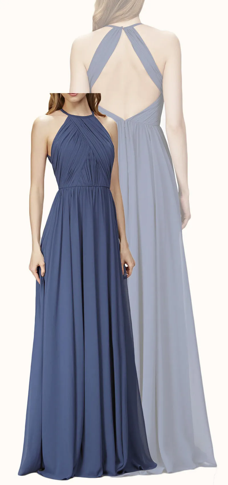 MACloth Halter O Neck Chiffon Long Bridesmaid Dress Navy Formal Gown
