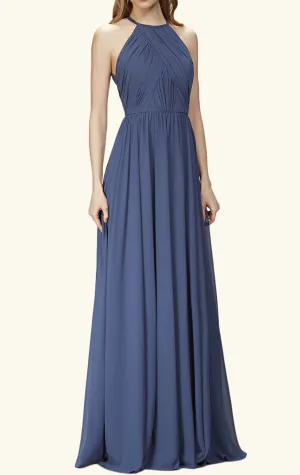MACloth Halter O Neck Chiffon Long Bridesmaid Dress Navy Formal Gown