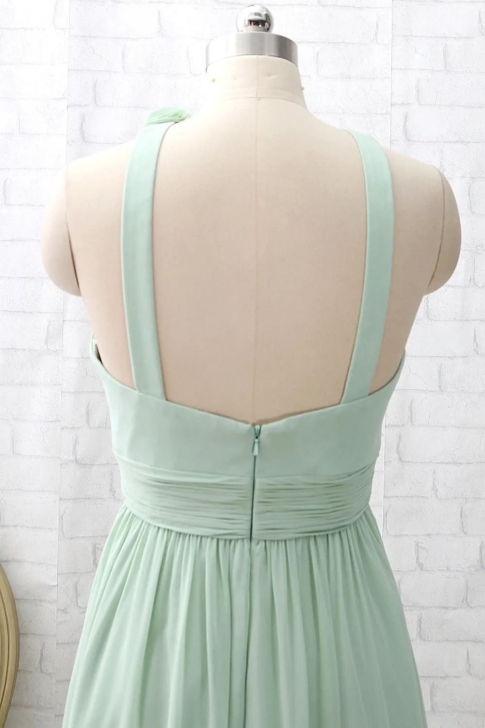 MACloth Halter O Neck Chiffon Mint Long Bridesmaid Dress Wedding Party Dress