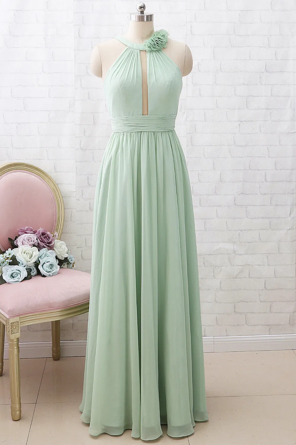 MACloth Halter O Neck Chiffon Mint Long Bridesmaid Dress Wedding Party Dress