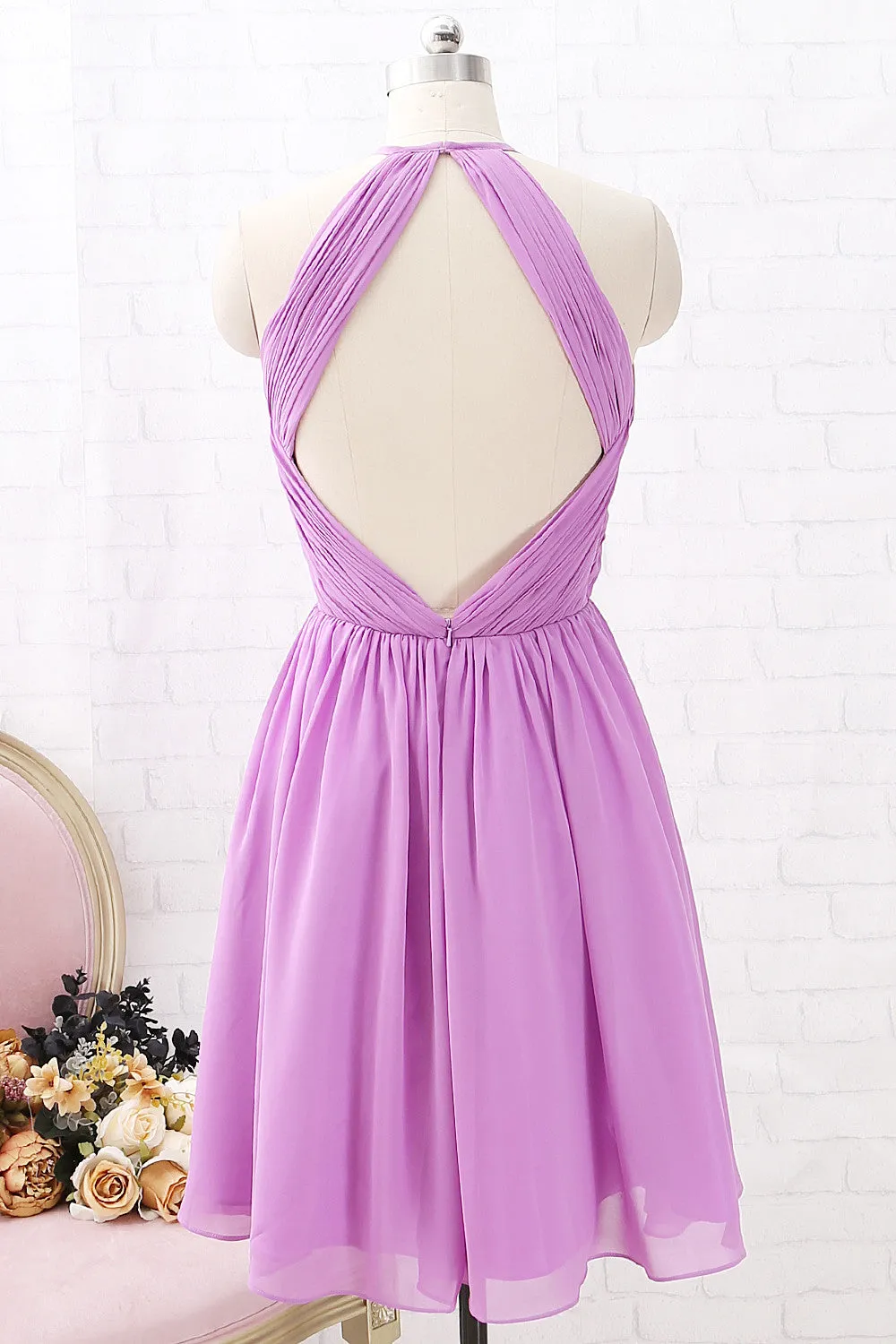 MACloth Halter O Neck Short Bridesmaid Dress Chiffon Wedding Party Dress with Open Back