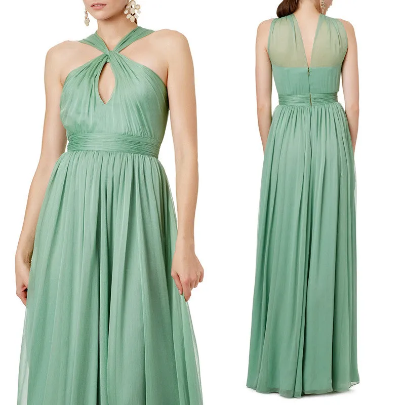 MACloth Halter Sexy Chiffon Long Prom Dress Sage Formal Party Dress