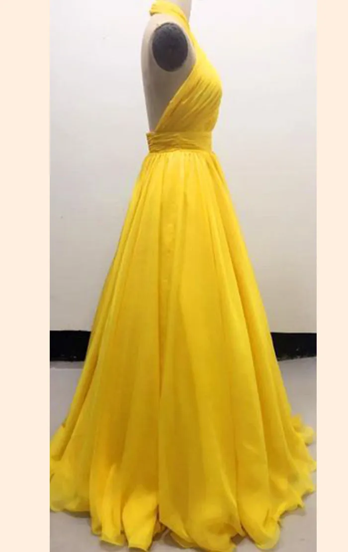 MACloth Halter Sexy Chiffon Yellow Long Prom Dress Simple Evening Formal Gown