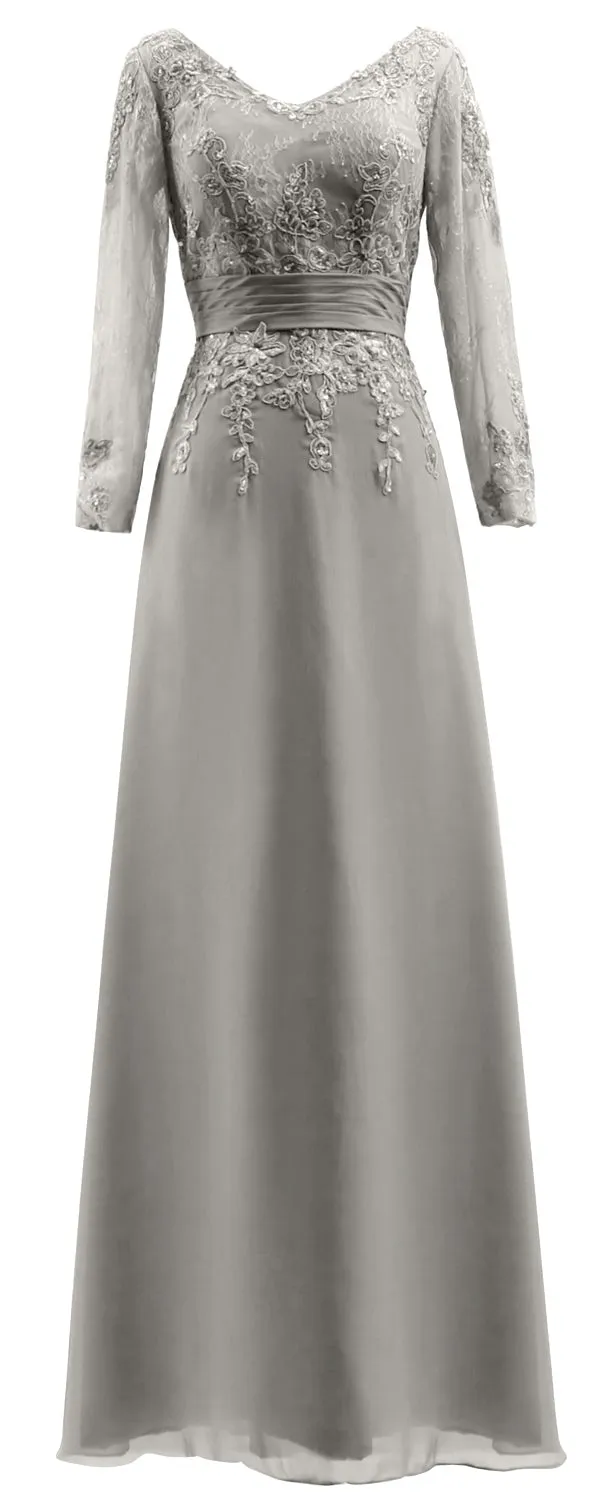 MACloth Mother of Bride Dresses Long Sleeves V Neck Lace Formal Evening Gown