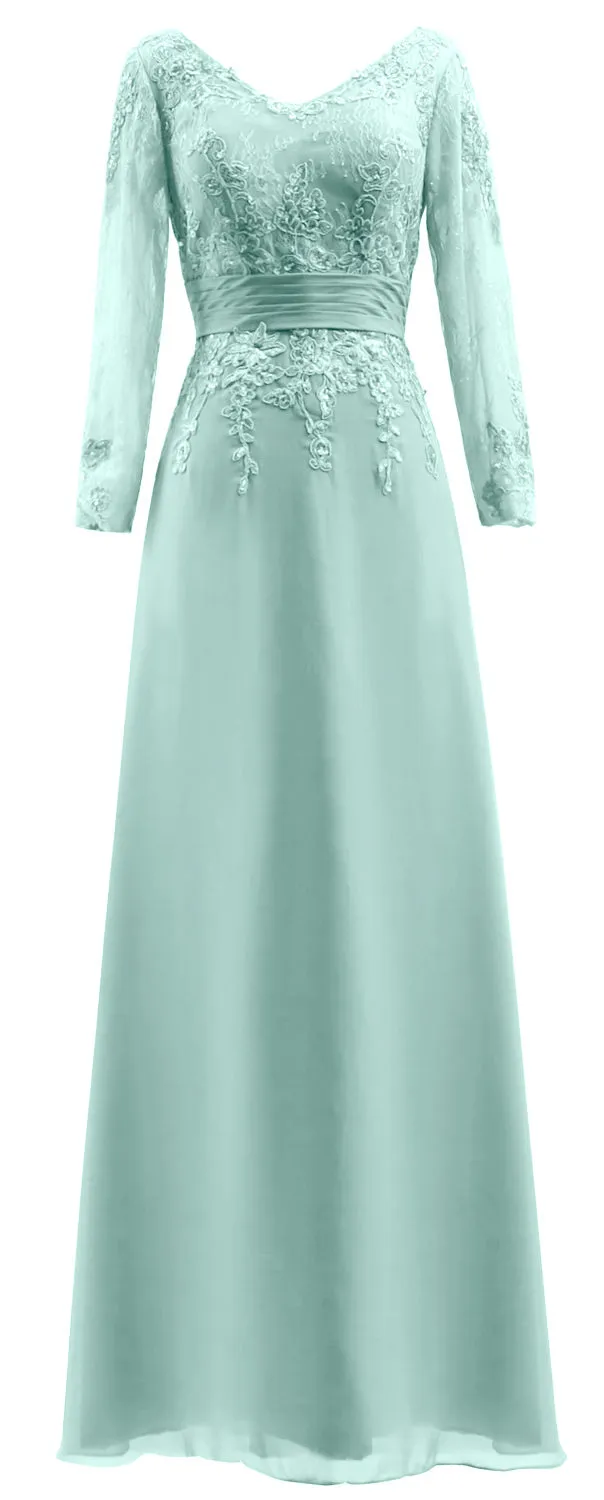 MACloth Mother of Bride Dresses Long Sleeves V Neck Lace Formal Evening Gown