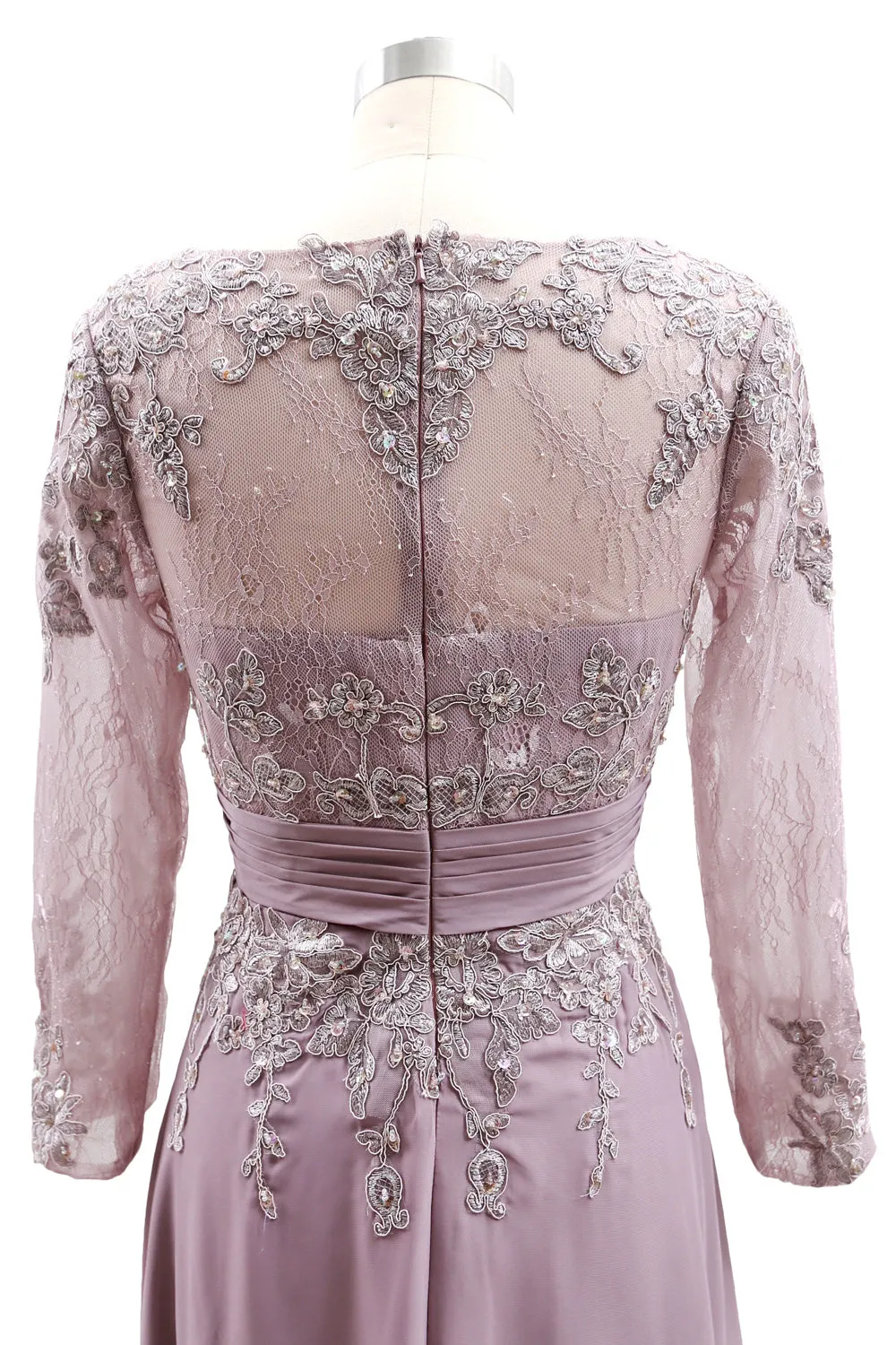 MACloth Mother of Bride Dresses Long Sleeves V Neck Lace Formal Evening Gown