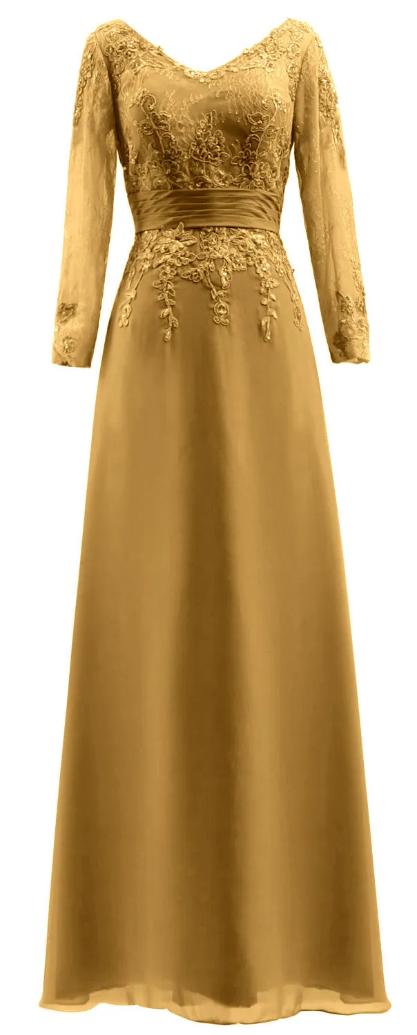 MACloth Mother of Bride Dresses Long Sleeves V Neck Lace Formal Evening Gown