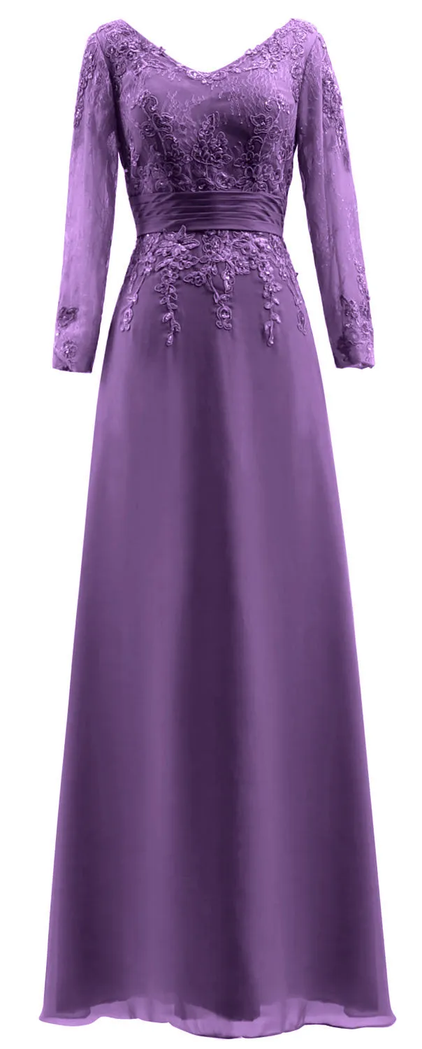 MACloth Mother of Bride Dresses Long Sleeves V Neck Lace Formal Evening Gown