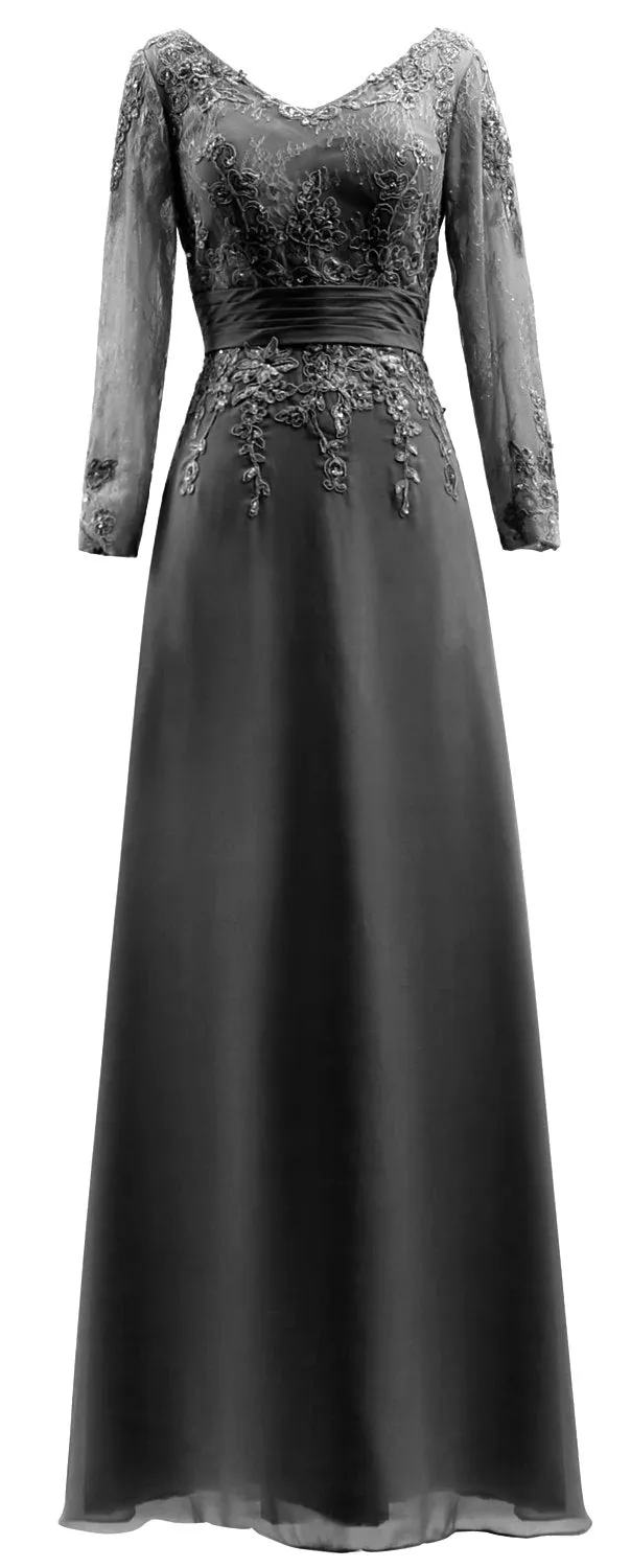MACloth Mother of Bride Dresses Long Sleeves V Neck Lace Formal Evening Gown
