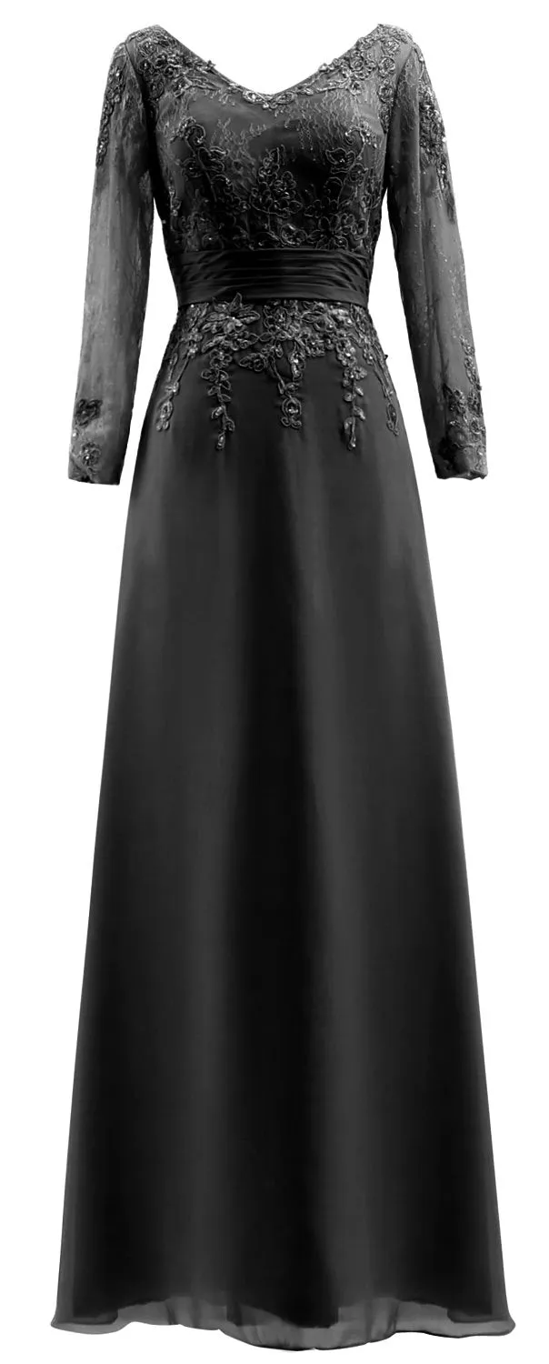 MACloth Mother of Bride Dresses Long Sleeves V Neck Lace Formal Evening Gown