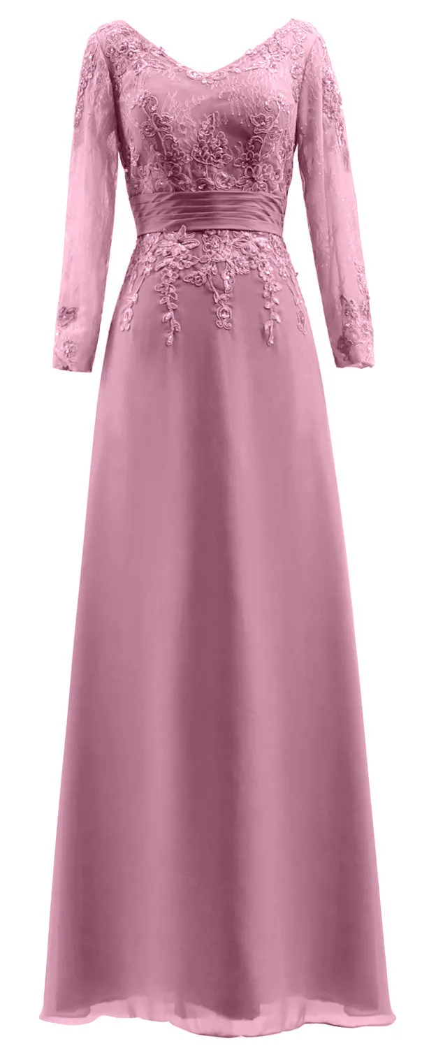 MACloth Mother of Bride Dresses Long Sleeves V Neck Lace Formal Evening Gown