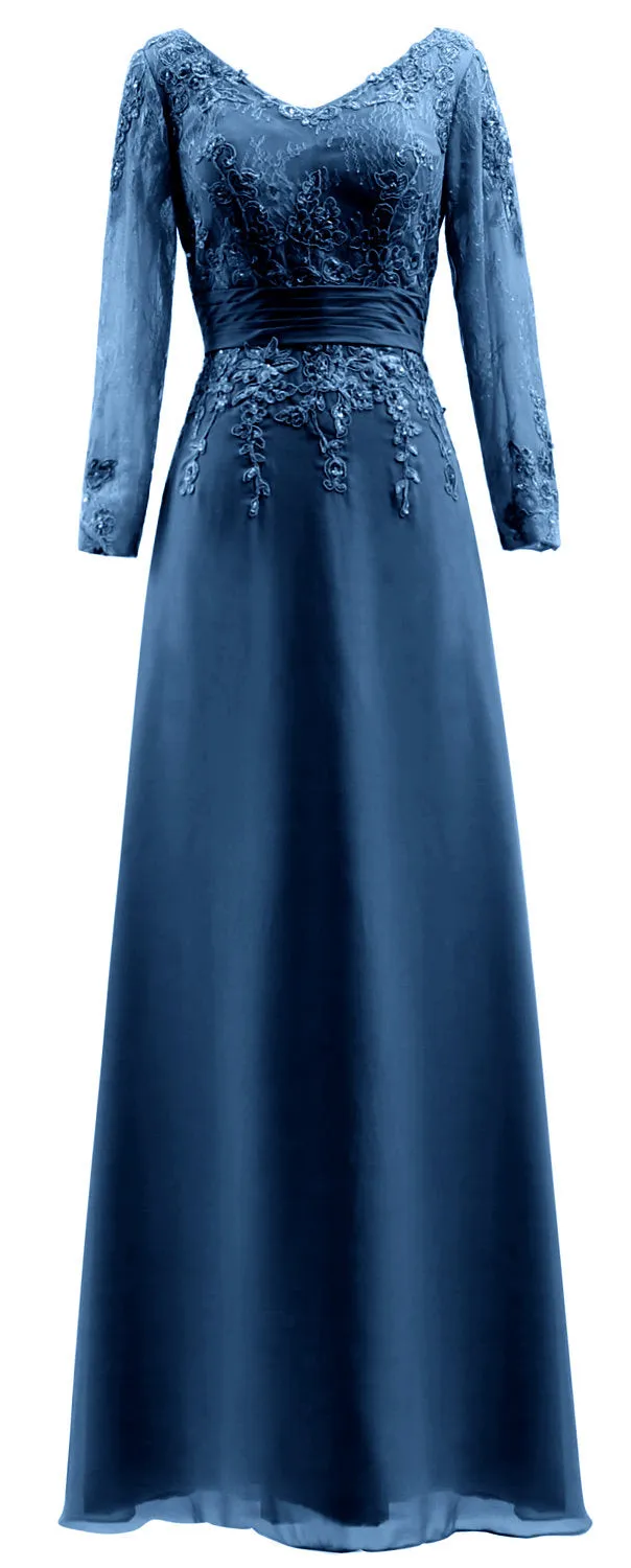 MACloth Mother of Bride Dresses Long Sleeves V Neck Lace Formal Evening Gown