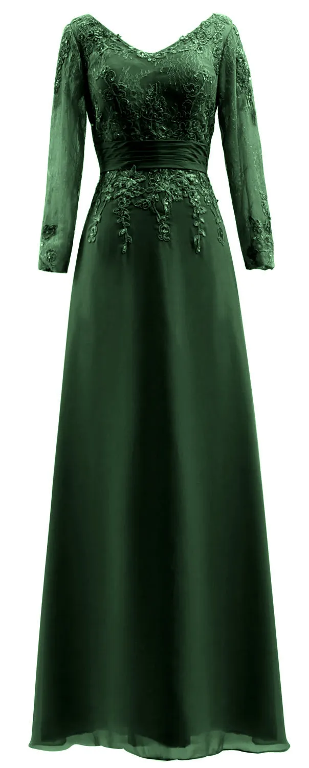 MACloth Mother of Bride Dresses Long Sleeves V Neck Lace Formal Evening Gown