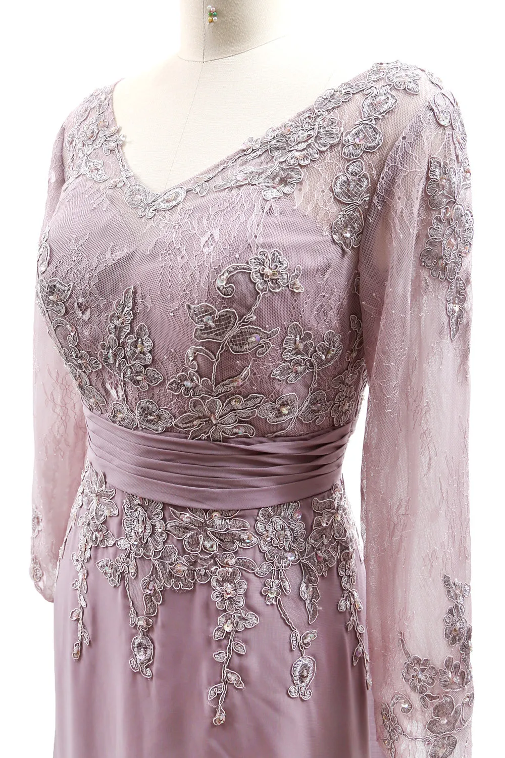 MACloth Mother of Bride Dresses Long Sleeves V Neck Lace Formal Evening Gown