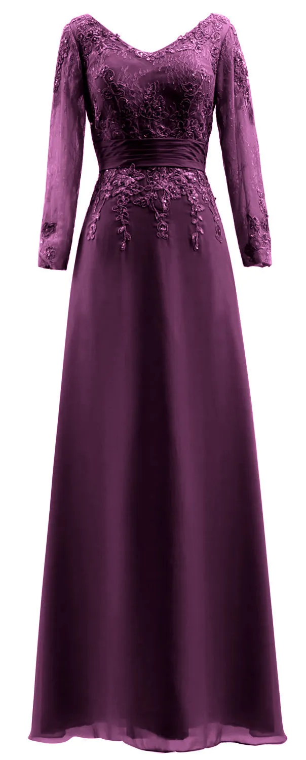 MACloth Mother of Bride Dresses Long Sleeves V Neck Lace Formal Evening Gown