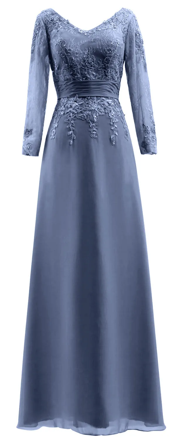 MACloth Mother of Bride Dresses Long Sleeves V Neck Lace Formal Evening Gown