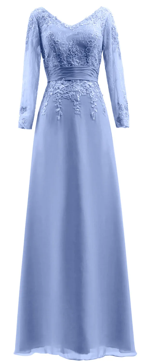 MACloth Mother of Bride Dresses Long Sleeves V Neck Lace Formal Evening Gown