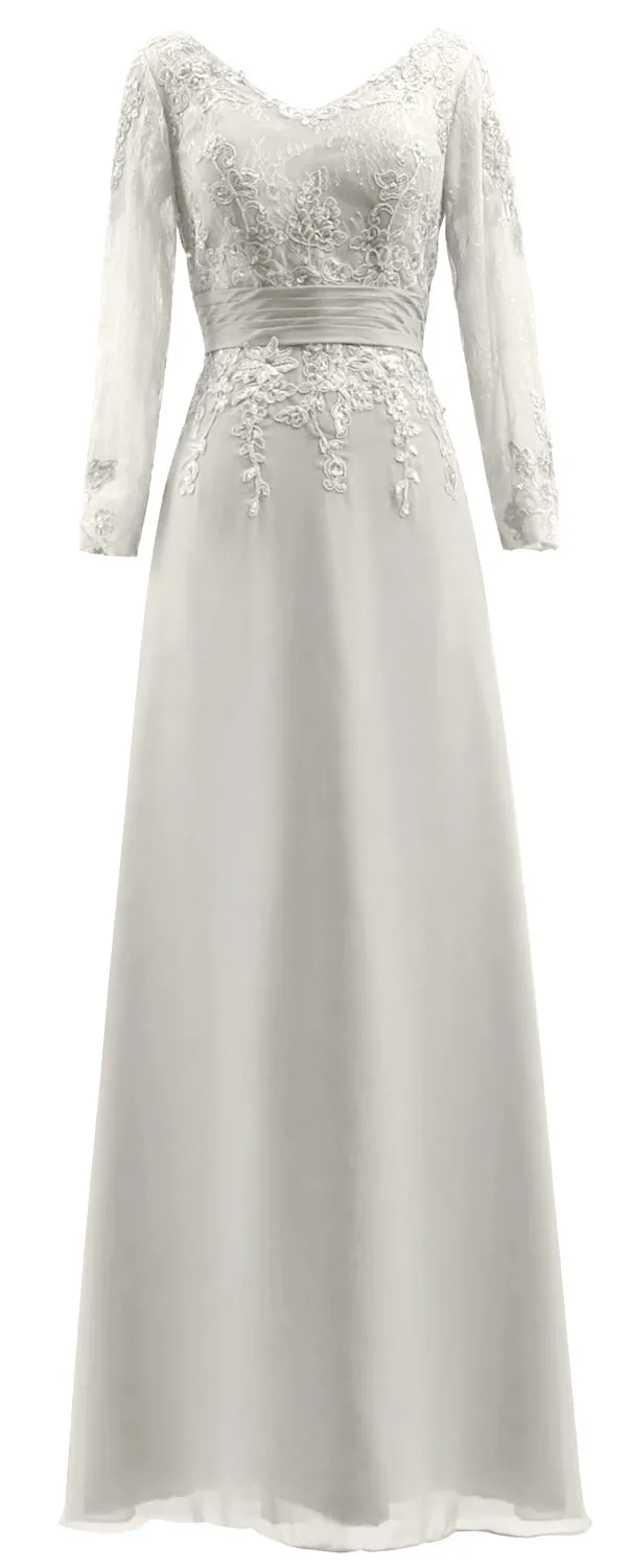 MACloth Mother of Bride Dresses Long Sleeves V Neck Lace Formal Evening Gown