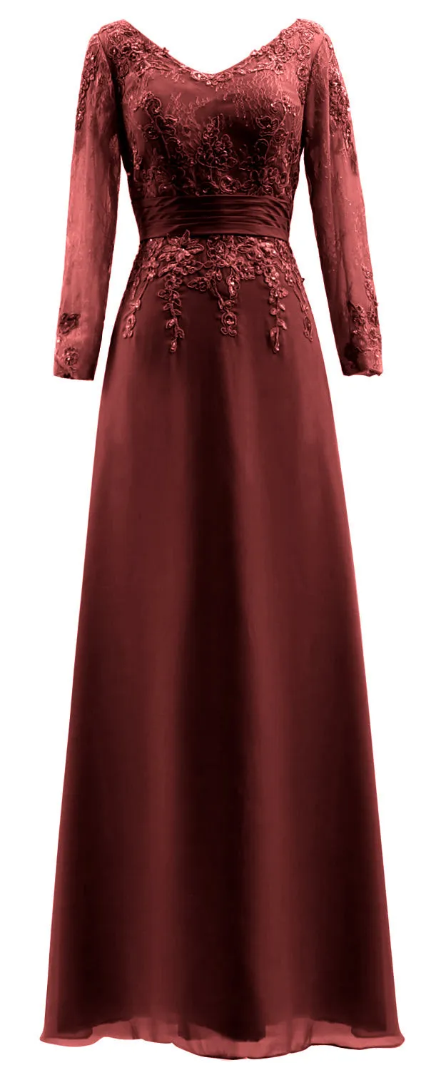 MACloth Mother of Bride Dresses Long Sleeves V Neck Lace Formal Evening Gown