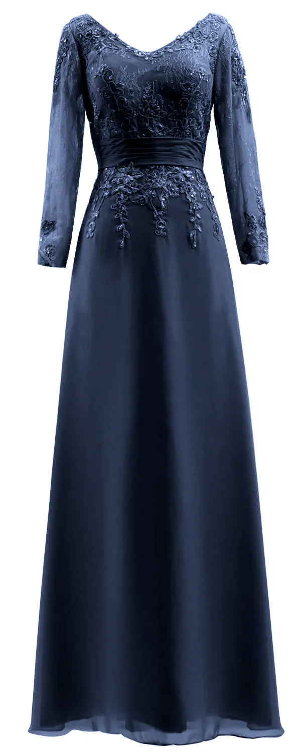 MACloth Mother of Bride Dresses Long Sleeves V Neck Lace Formal Evening Gown