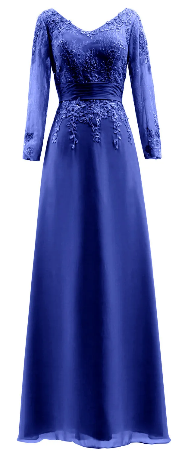 MACloth Mother of Bride Dresses Long Sleeves V Neck Lace Formal Evening Gown