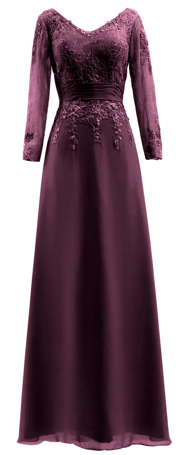 MACloth Mother of Bride Dresses Long Sleeves V Neck Lace Formal Evening Gown