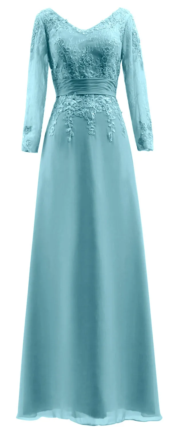 MACloth Mother of Bride Dresses Long Sleeves V Neck Lace Formal Evening Gown
