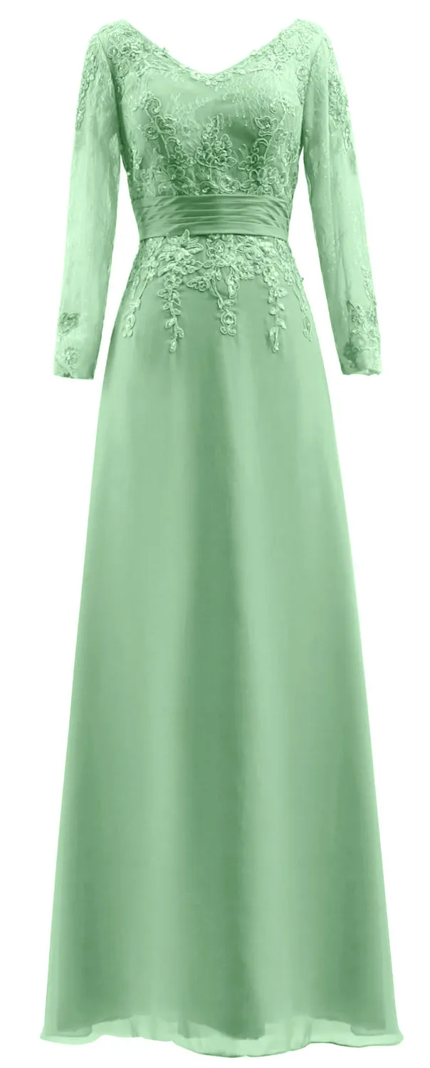 MACloth Mother of Bride Dresses Long Sleeves V Neck Lace Formal Evening Gown