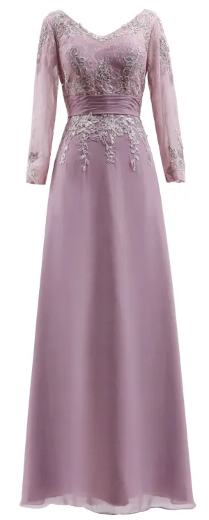 MACloth Mother of Bride Dresses Long Sleeves V Neck Lace Formal Evening Gown