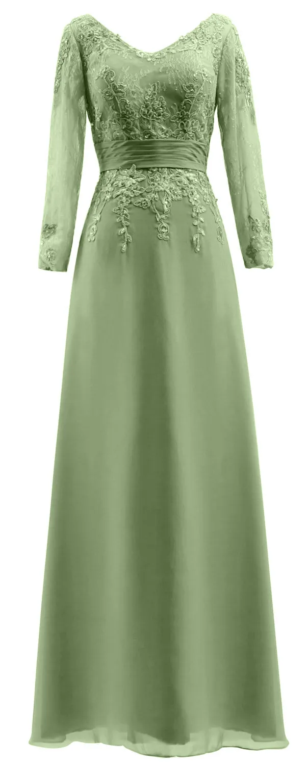 MACloth Mother of Bride Dresses Long Sleeves V Neck Lace Formal Evening Gown