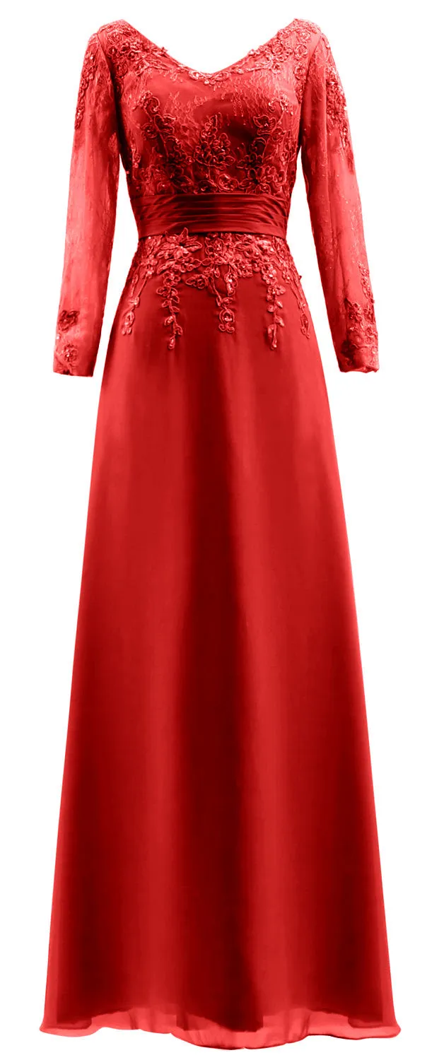 MACloth Mother of Bride Dresses Long Sleeves V Neck Lace Formal Evening Gown